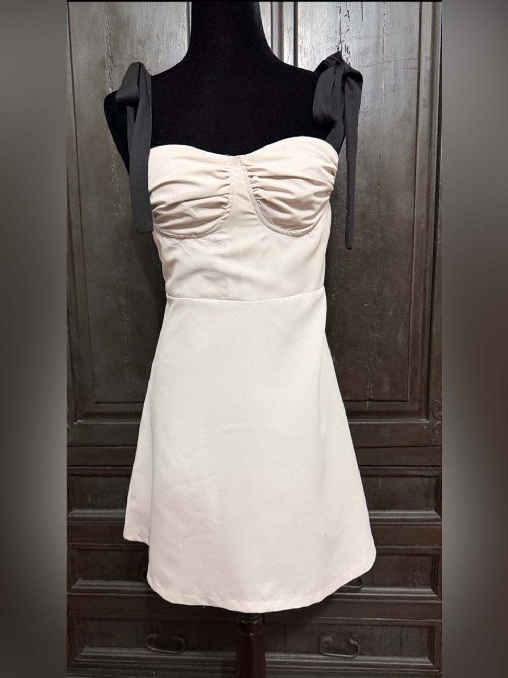SHEIN Beige Dress with Black bow straps - Size Small